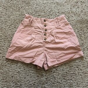 Forever 21 Womens Shorts Sz M Pink Denim Paper Bag Waist High Rise Button Fly